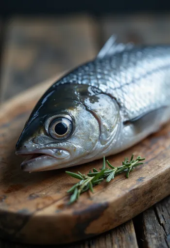 Cá trích tươi cùng chanh, hành tây và thì là trên thớt gỗ