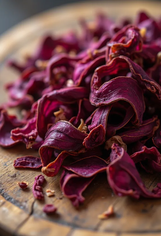 Đài hoa bụp giấm (Hibiscus) khô màu đỏ thẫm trong bát gỗ