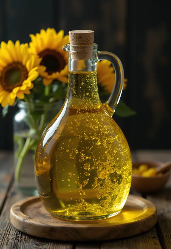 Dầu hướng dương ép lạnh vàng tươi trong bát nhỏ, bên cạnh là hạt và cánh hoa hướng dương