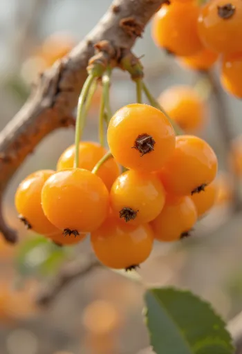 Quả hắc mai biển màu cam trên cành, bề mặt gỗ mộc mạc