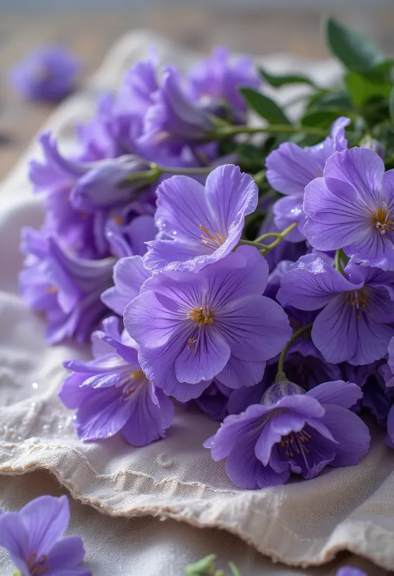 Hoa violet tím đã rửa sạch tách cánh trên thớt gỗ