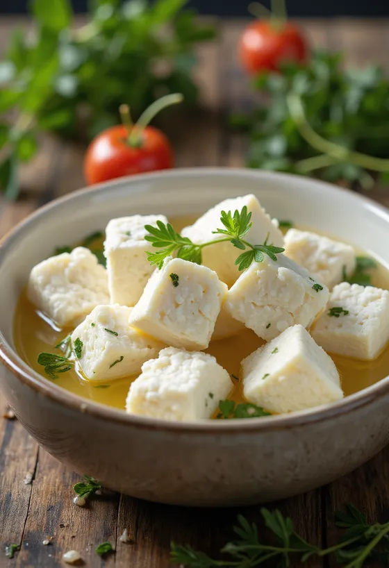 Phô mai Feta cừu tươi trong bát sứ trên bàn gỗ