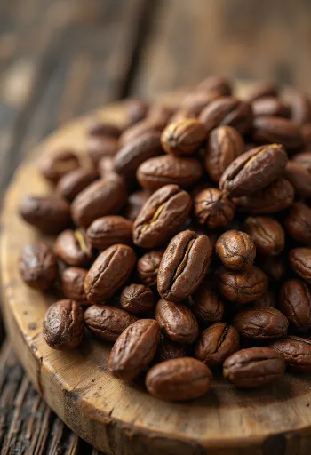 Hạt cacao lên men và phơi khô, vỏ hạt nứt lộ ra phần nhân nâu sẫm trên nền gỗ