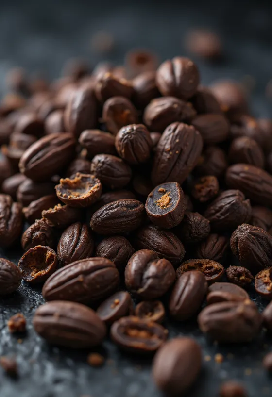 Bát nhỏ đựng ngòi cacao giòn rụm bên cạnh các mảnh chocolate thô, nền gỗ ấm áp