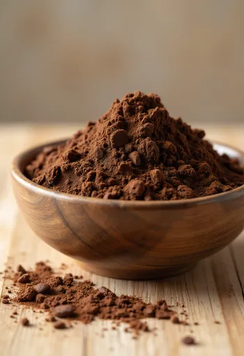 Bát bột cacao nâu mịn và thìa gỗ, bột vương vãi nghệ thuật