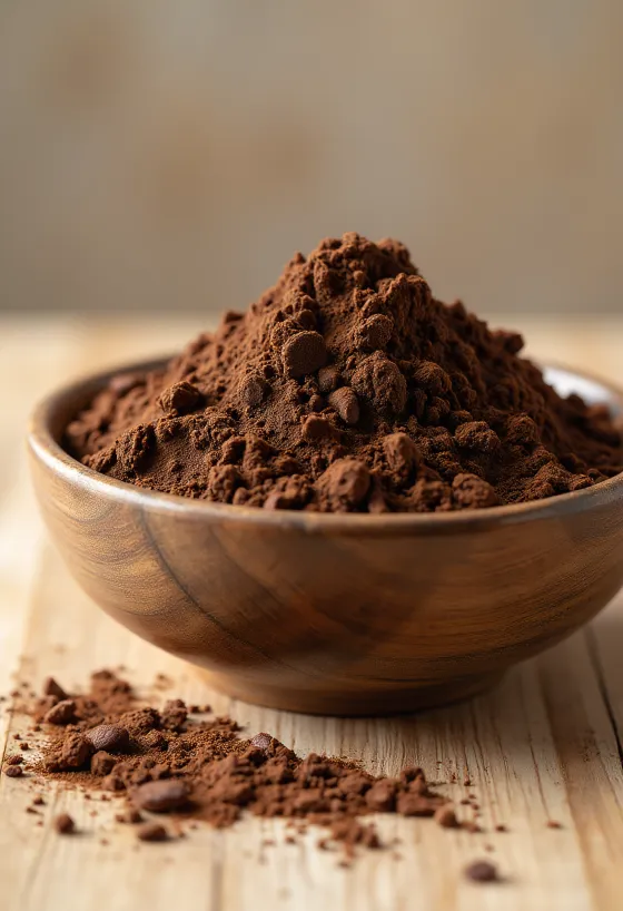 Bát bột cacao nâu mịn và thìa gỗ, bột vương vãi nghệ thuật