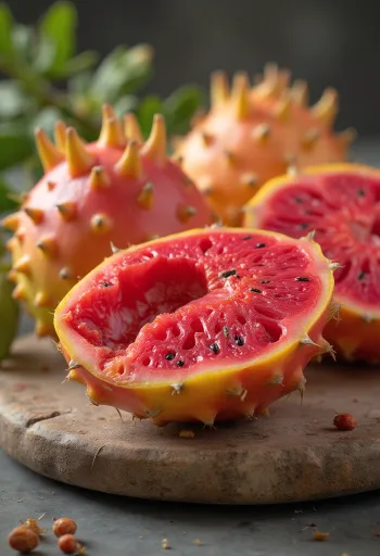 Quả xương rồng nguyên và cắt miếng trên bề mặt gỗ, thịt màu sặc sỡ và hạt