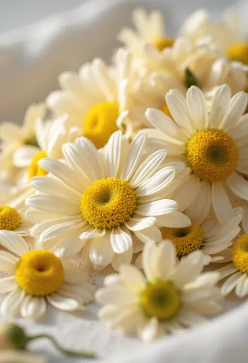 Hoa cúc La Mã sấy khô trong bát gỗ, cánh trắng nhụy vàng thơm ngát