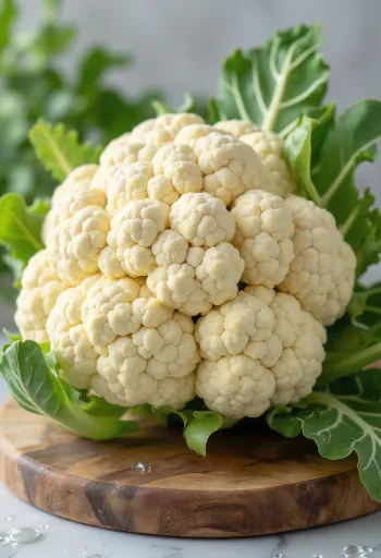 Những nhánh bông cải trắng tươi rói vừa được cắt nhỏ trên bàn gỗ