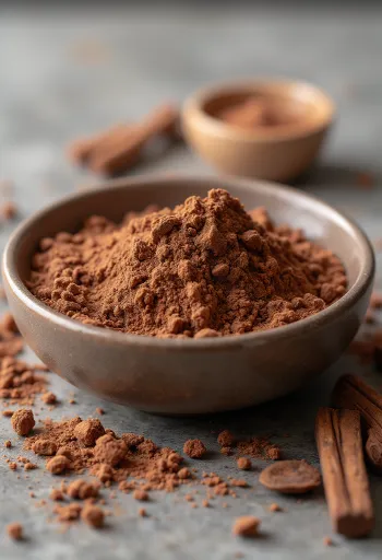 Bột Carob nâu mịn trong bát, thìa gỗ và bột vương vãi trên bàn