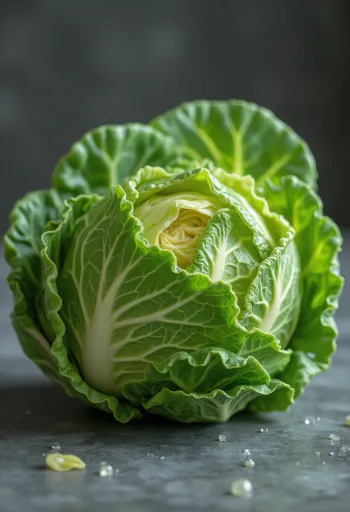 Bắp cải Savoy tươi với lá xoăn màu xanh đậm trên bàn gỗ