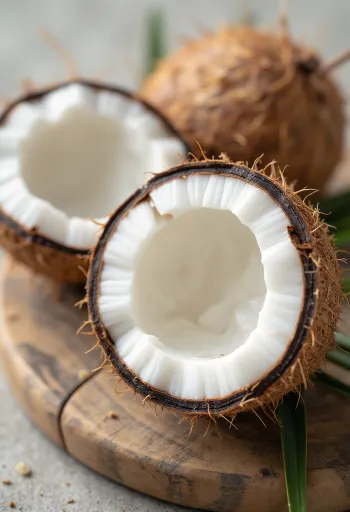 Quả dừa tươi bổ đôi lộ cơm trắng và nước dừa trên bàn gỗ