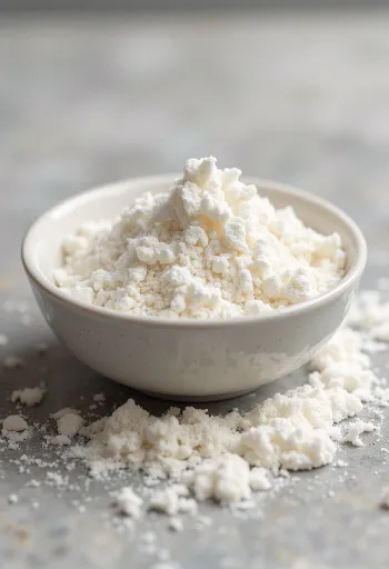 Bột cốt dừa mịn màng trong bát sứ và thìa gỗ