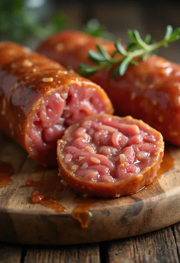 Xúc xích khô cắt lát lộ thớ thịt mỡ ngon mắt trên thớt gỗ