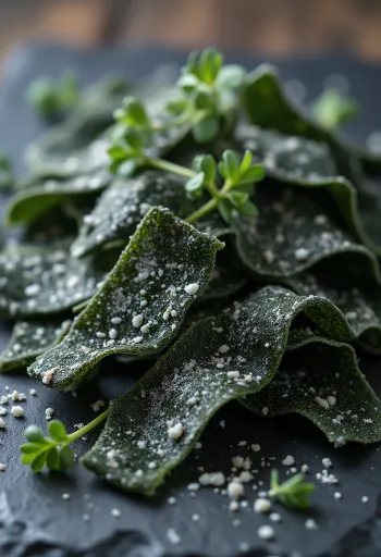 Lá tảo bẹ Kombu khô trên bàn gỗ, một miếng đang được ngâm trong bát nước