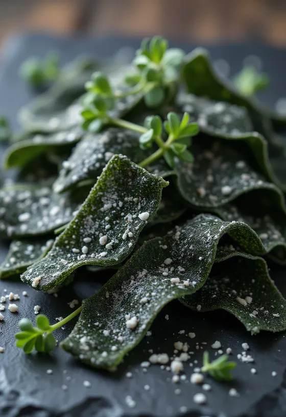 Lá tảo bẹ Kombu khô trên bàn gỗ, một miếng đang được ngâm trong bát nước