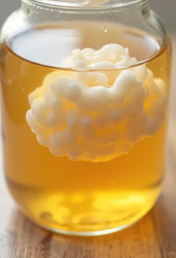 Hũ thủy tinh nuôi nấm SCOBY, bên cạnh là đường và lá trà đen