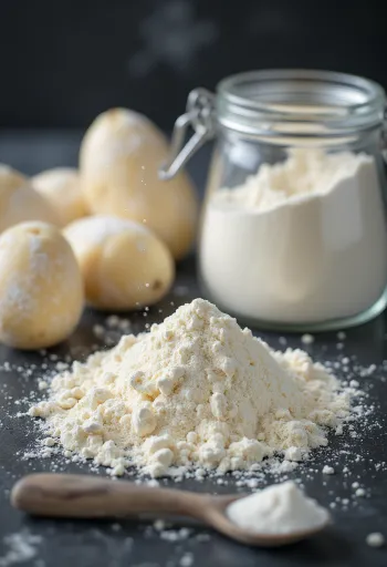 Bát bột khoai tây màu ngà vàng, bên cạnh là củ khoai tây tươi