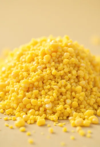 Bột bắp thô màu vàng trong bát gốm và rải trên bàn gỗ