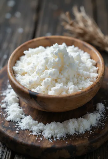 Bát tinh bột bắp trắng tinh mịn màng và thìa gỗ