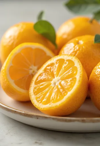 Quả quất (tắc) chín vàng cam nguyên quả và cắt lát trên bàn gỗ