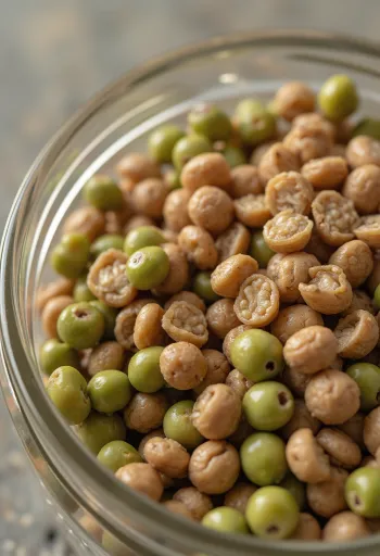 Các loại đậu lăng đỏ, xanh, nâu, đen trong bát gốm trên bàn gỗ