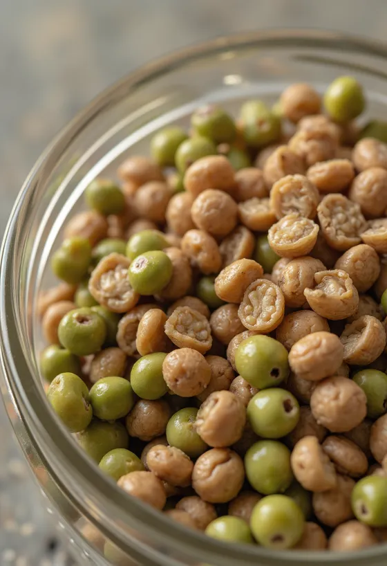 Các loại đậu lăng đỏ, xanh, nâu, đen trong bát gốm trên bàn gỗ