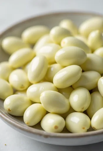 Hạt đậu ngự màu trắng kem trong bát gốm và trên bàn gỗ dưới ánh sáng tự nhiên