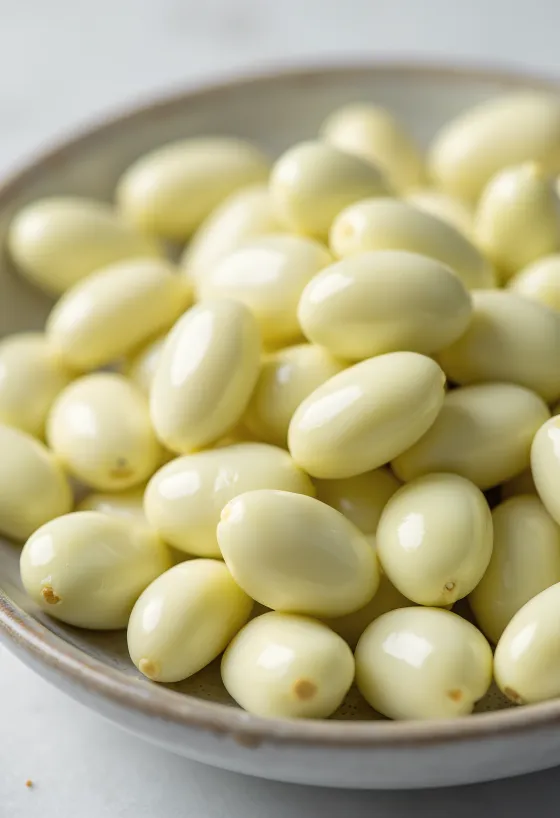 Hạt đậu ngự màu trắng kem trong bát gốm và trên bàn gỗ dưới ánh sáng tự nhiên