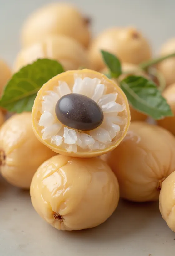 Chùm nhãn tươi và nhãn bóc vỏ lộ cùi trắng hạt đen trên nền gỗ