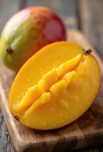 Xoài chín vàng ươm cắt lát và cắt hạt lựu trên bàn gỗ