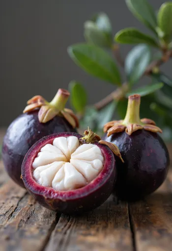 Măng cụt chín tím sẫm và quả tách vỏ lộ múi trắng ngần trên bàn gỗ