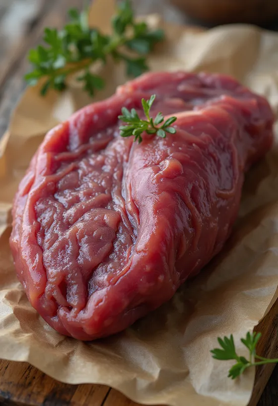 Gan bò tươi thái lát đỏ thẫm trên thớt gỗ