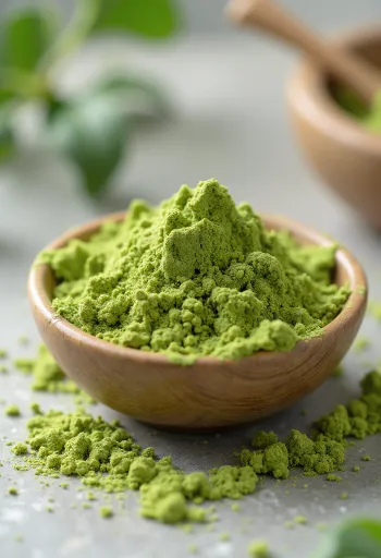 Bột matcha xanh tươi trong bát gốm cùng chổi đánh trà bằng tre