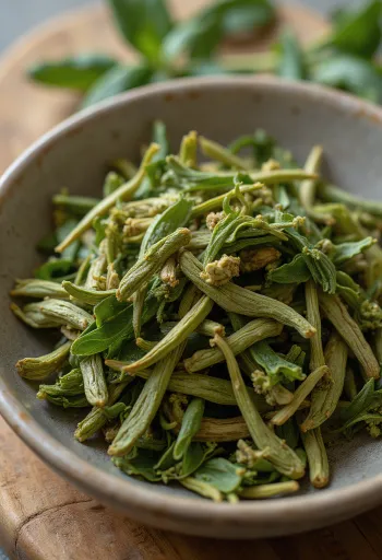 Lá trà Yerba Maté sấy khô trong bát gỗ mộc mạc