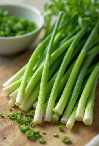 Hẹ tây sấy khô và bột hẹ tây trong bát nhỏ trên bàn bếp