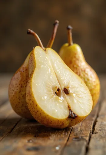 Lê Bosc vỏ nâu vàng nguyên quả và cắt lát trên thớt gỗ