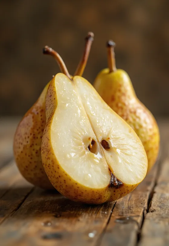 Lê Bosc vỏ nâu vàng nguyên quả và cắt lát trên thớt gỗ