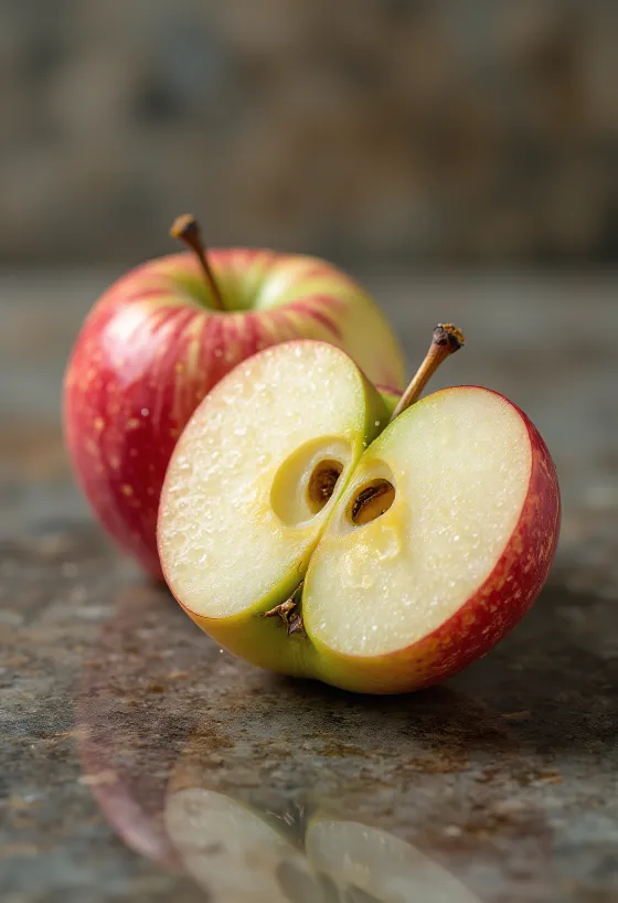Táo Braeburn tươi ngon nguyên quả và cắt lát trên thớt gỗ