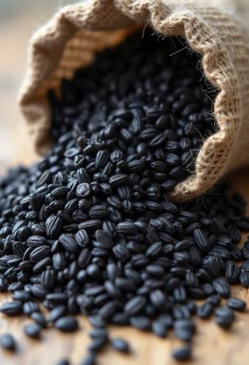 Hũ gạo đen (gạo cẩm) màu tím than óng ả bên cạnh những bông lúa