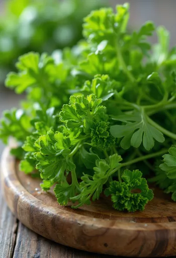 Bó ngò tây xoăn (mùi tây) tươi xanh, lá xoăn tít trên thớt gỗ