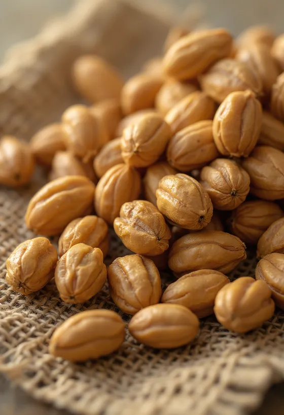 Những củ Chufa (Hạt hổ) khô, vỏ nâu nhăn nheo trên bàn gỗ