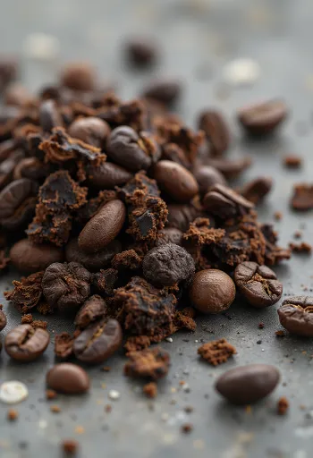 Những mẩu rễ rau diếp xoăn đã rang khô, màu nâu sẫm trên thớt gỗ