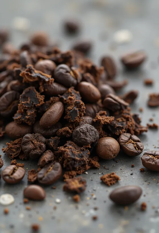 Những mẩu rễ rau diếp xoăn đã rang khô, màu nâu sẫm trên thớt gỗ