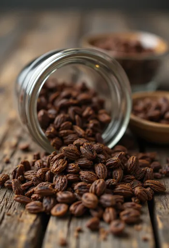 Hạt lúa mạch đen đã rang chín, màu nâu sẫm trên bề mặt gỗ