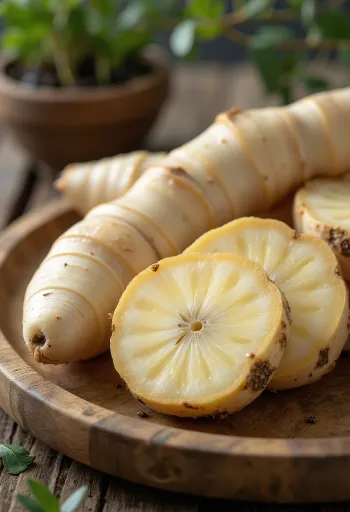 Củ riềng tươi với lớp vỏ nâu hồng đặc trưng trên thớt gỗ