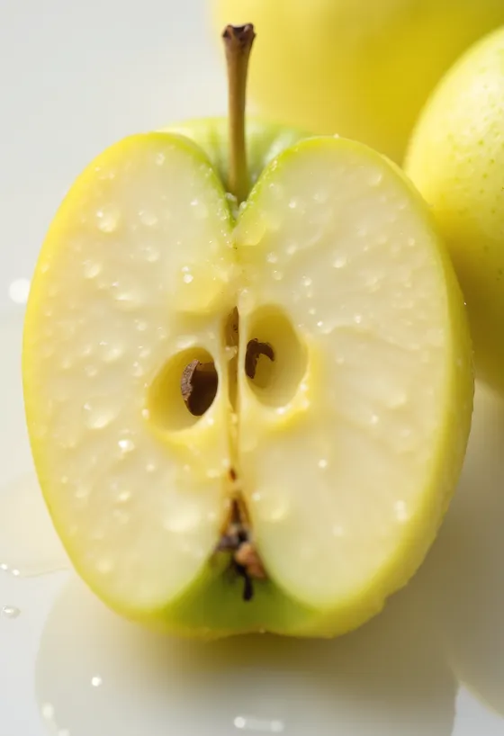 Những quả táo Golden Delicious vàng tươi và vài lát cắt trên thớt