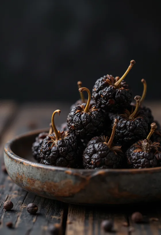 Hạt tiêu thất (Cubeb) khô nguyên hạt trên bàn gỗ