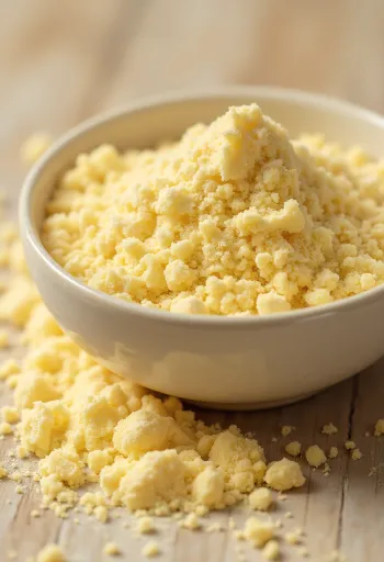 Bột Lucuma màu vàng ươm trong lọ, bên cạnh là quả tươi