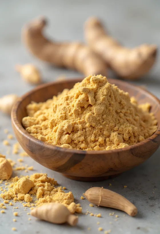 Bột Maca vàng nâu trong hũ thủy tinh bên cạnh củ Maca tươi